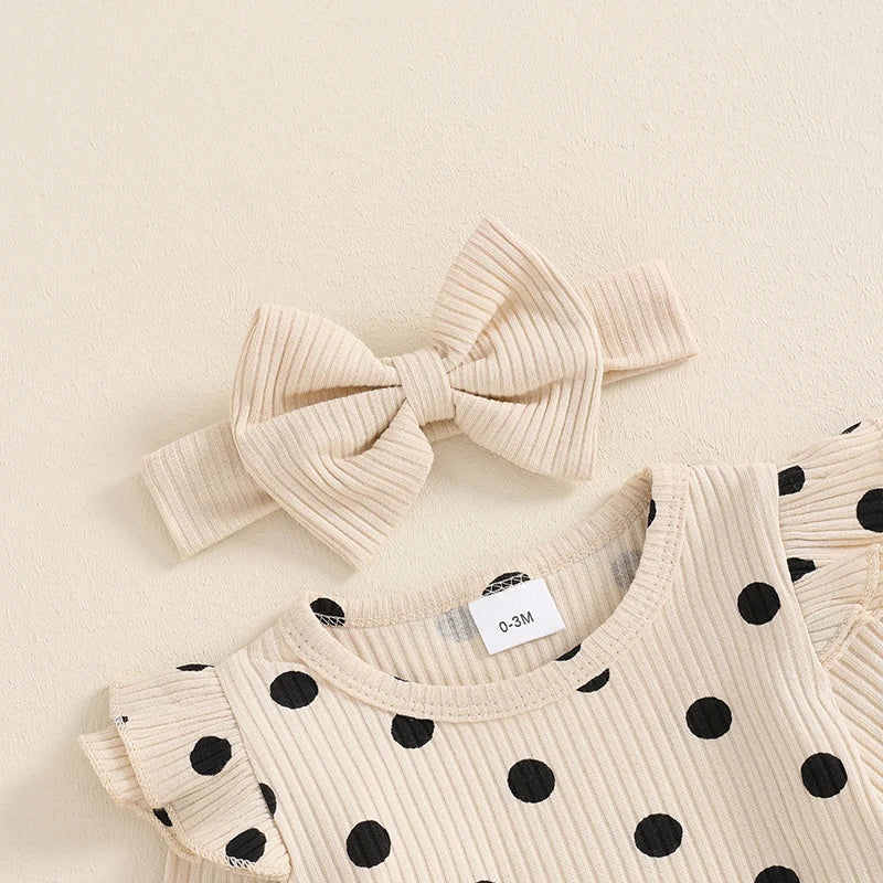 0-18M Baby Girls Fall Outfit, Long Sleeve Dots Print Romper with Pants and Bowknot Headband Clothing Set