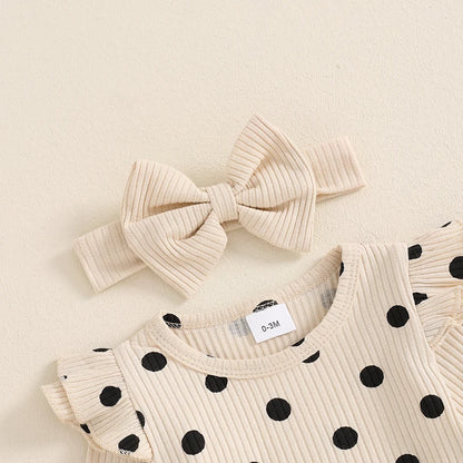0-18M Baby Girls Fall Outfit, Long Sleeve Dots Print Romper with Pants and Bowknot Headband Clothing Set