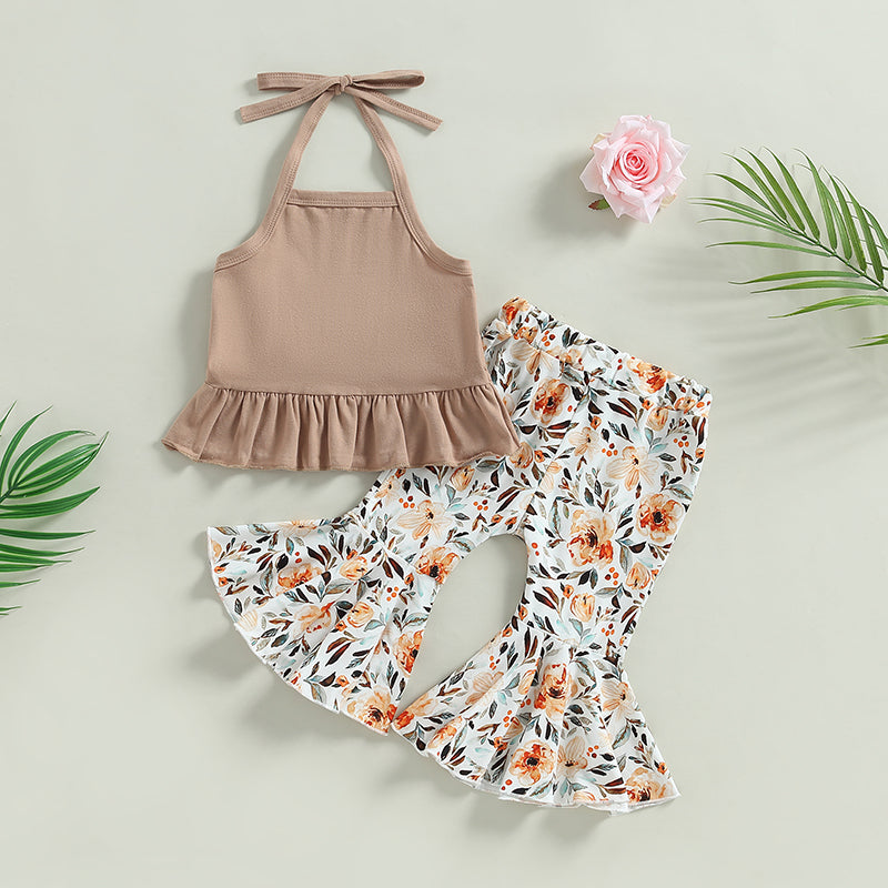 6-24M 2Pcs Baby Girls  Summer Clothing Set, Lacing Halterneck Vest with Flower Print Flare Pants
