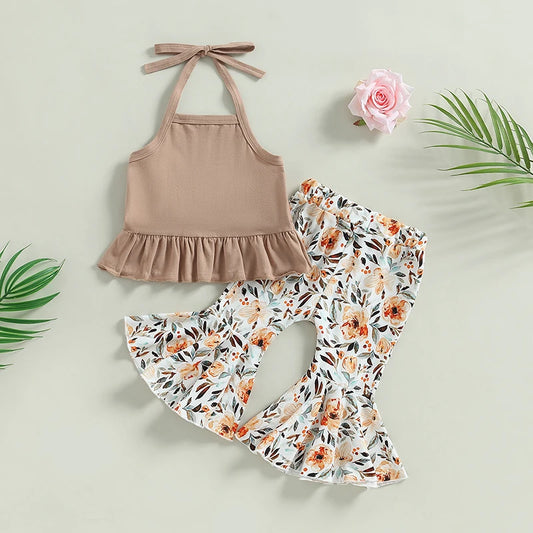6-24M 2Pcs Baby Girls  Summer Clothing Set, Lacing Halterneck Vest with Flower Print Flare Pants
