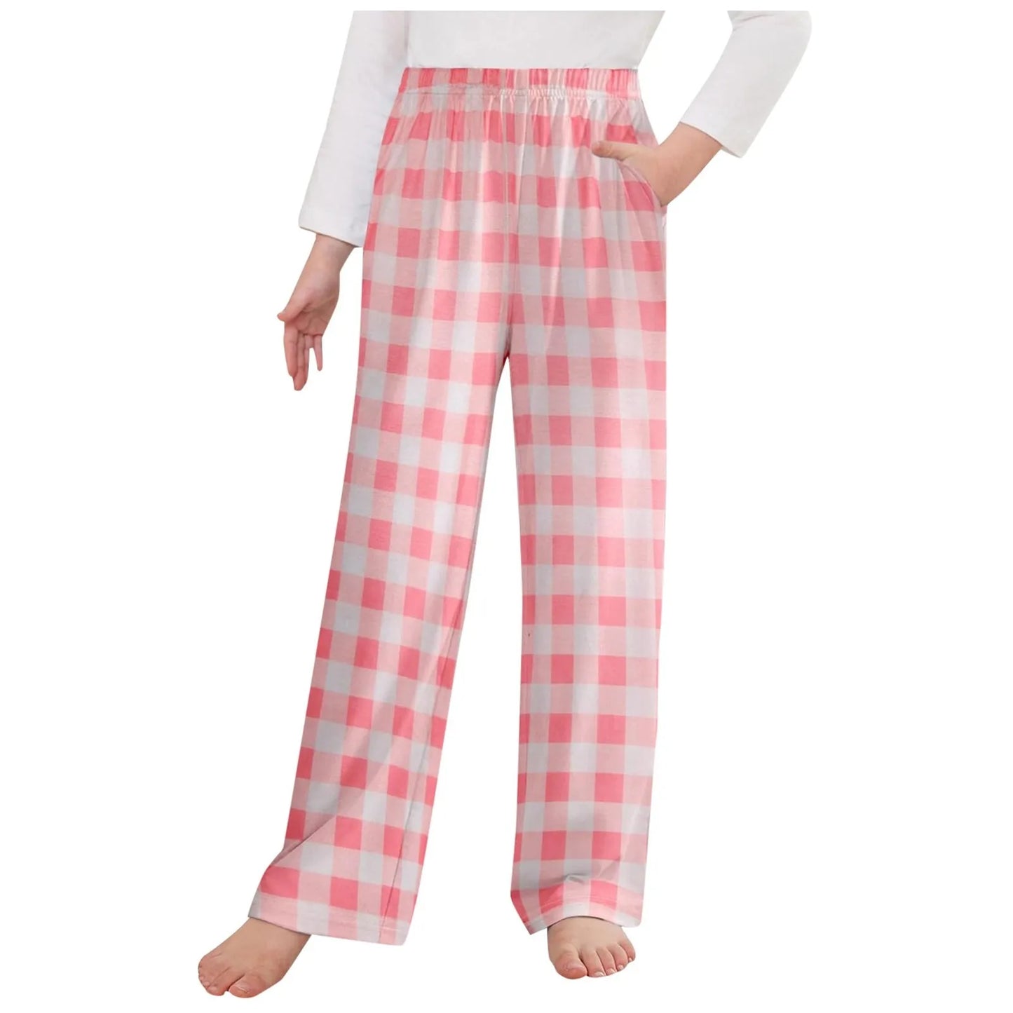 3-12 YO Pajama Pants For Girls, Long Sleep Plaid Pants, Soft Bottoms With Pockets