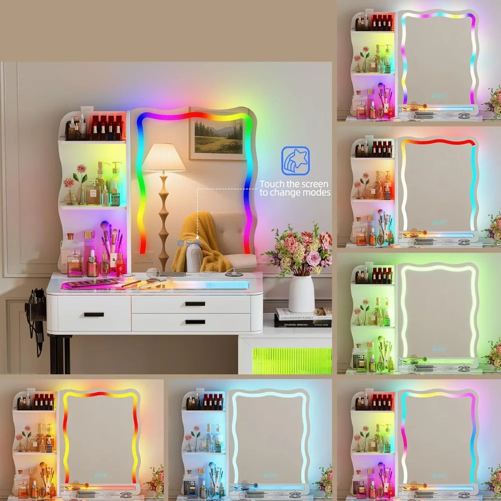 60.9" W Large Vanity/Desk with Mirror and RGB Lights, Glass Top, Charging Station