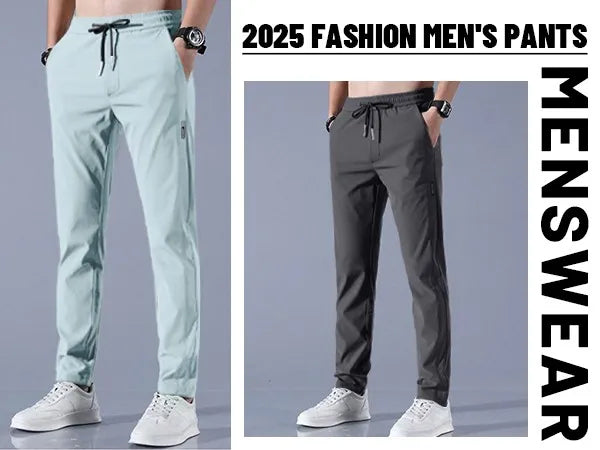 Men Fast Dry Stretch Pants, Ice Silk Trousers, Solid Color, Mid-Waist