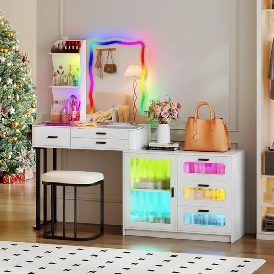 60.9" W Large Vanity/Desk with Mirror and RGB Lights, Glass Top, Charging Station