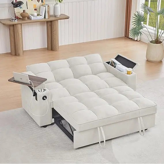 65'' 3-in-1 Queen Size Pullout Sofa, Modern Chenille Fabric, 360° Swivel Side Table