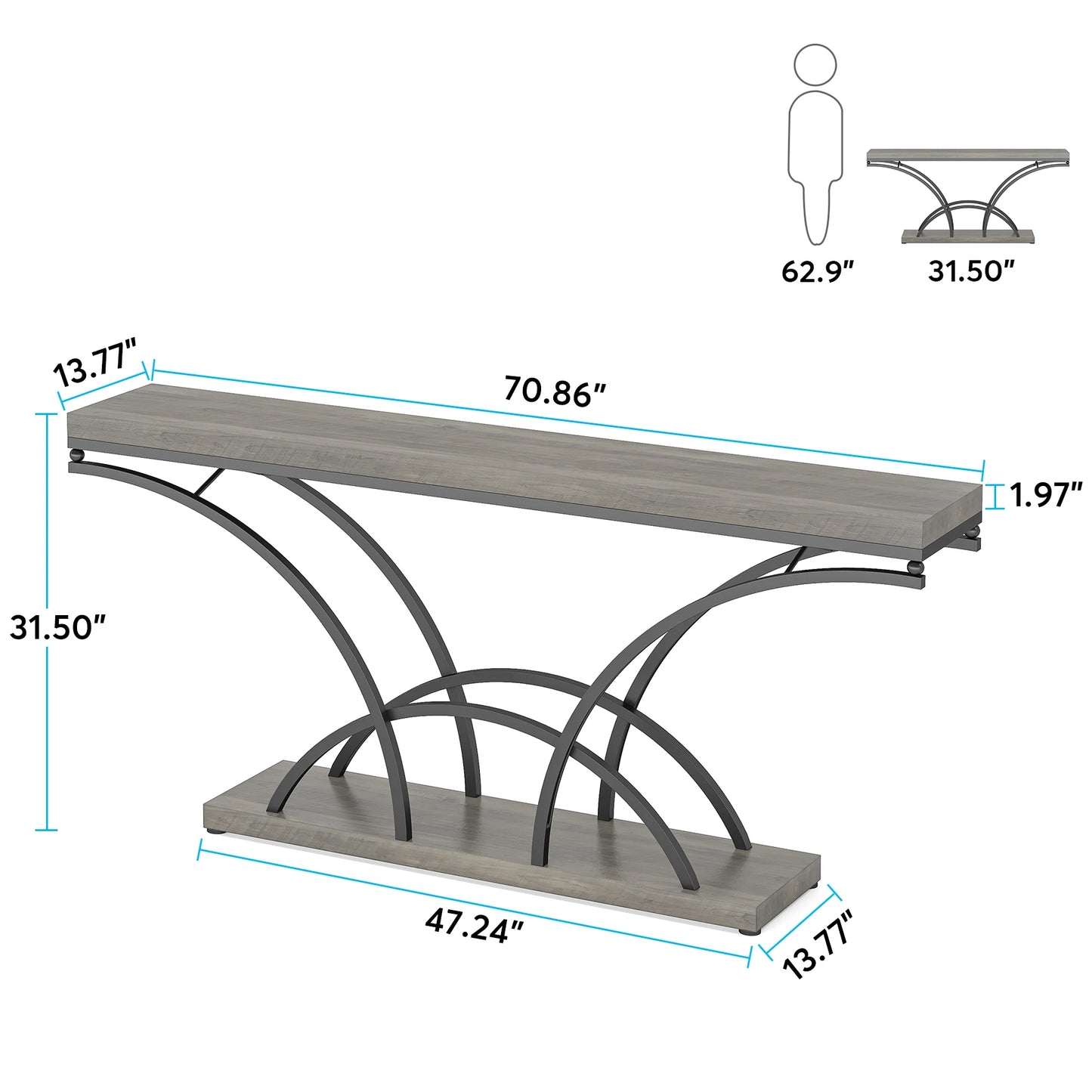 70.9 Inch Extra Long Gray Sofa Table for Entryway