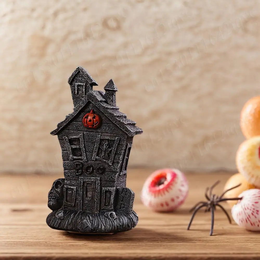 Halloween Miniature Resin Statue Figurines, Pumpkin haunted house and skeleton tombstone