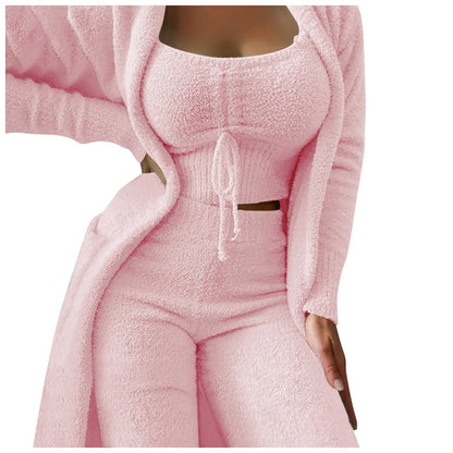 Women'S Fleece 3 Pc Loungewear, Spaghetti Strap Crop Tank, Wide Long Pants, Fuzzy Kimono ,
