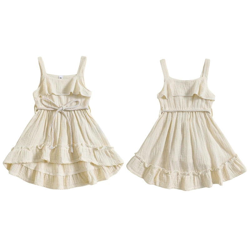 6 MO-4Y Girl Summer Dress, Casual Sleeveless, Square Neck, Belted Dress
