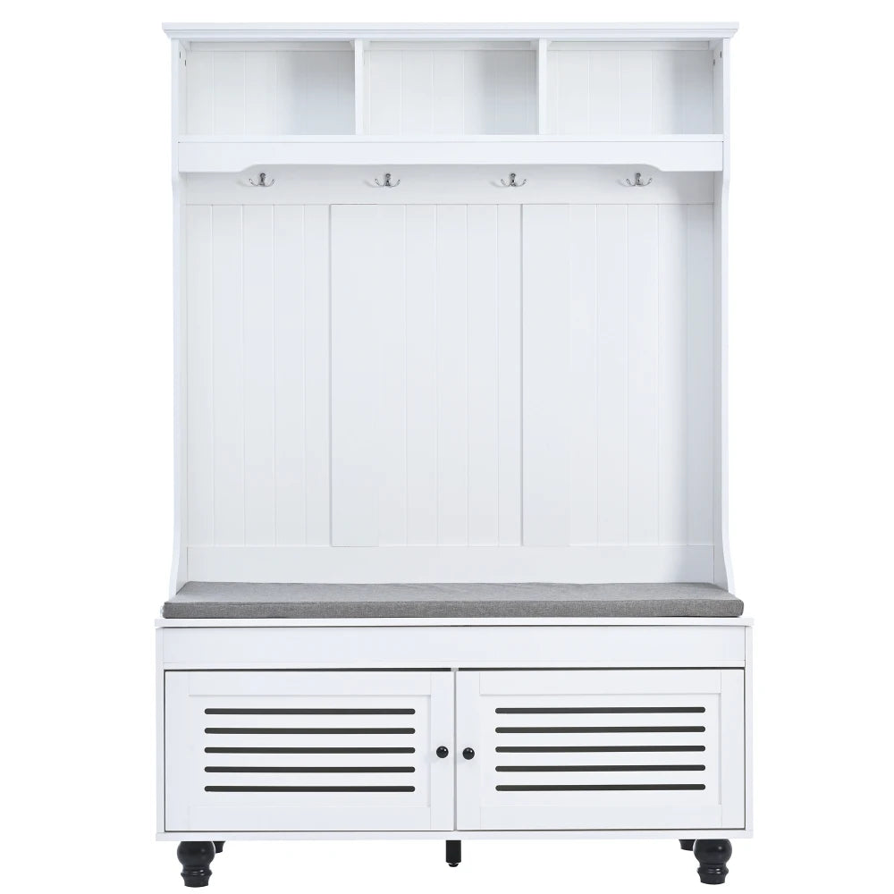47.2'' Wide Hall Tree with Storage, 5-in-1 Entryway Bench with Shutter-shaped doors, Coat Rack, Cushion and 4 Sturdy Hooks