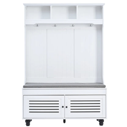47.2'' Wide Hall Tree with Storage, 5-in-1 Entryway Bench with Shutter-shaped doors, Coat Rack, Cushion and 4 Sturdy Hooks