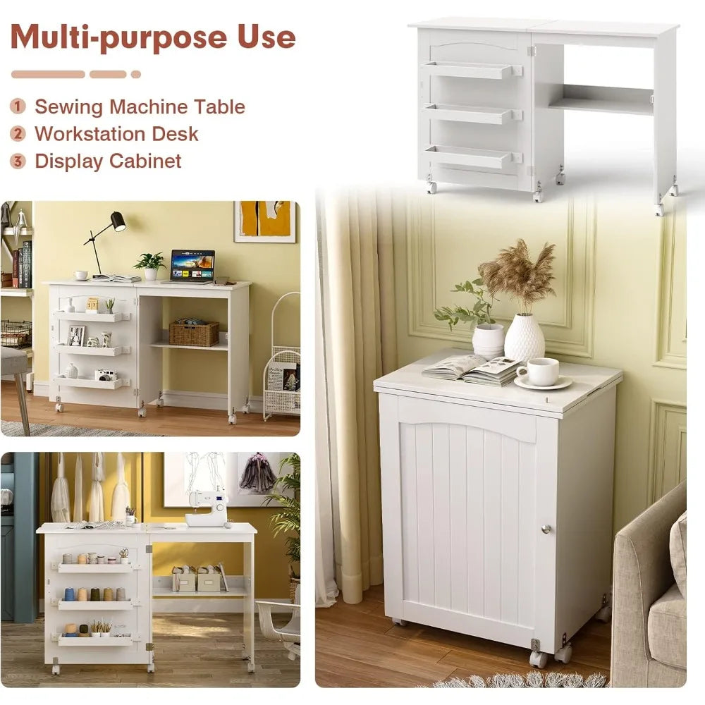 Folding Sewing Cabinet with 3 Storage Bins and Shelf, Rolling Craft Station