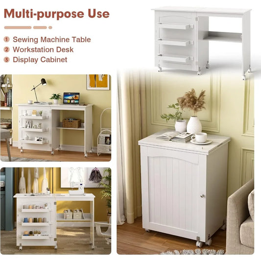 Folding Sewing Cabinet with 3 Storage Bins and Shelf, Rolling Craft Station