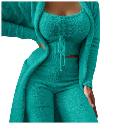 Women'S Fleece 3 Pc Loungewear, Spaghetti Strap Crop Tank, Wide Long Pants, Fuzzy Kimono ,
