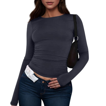 Cotton O Neck Long Sleeve Sexy Cropped Tops
