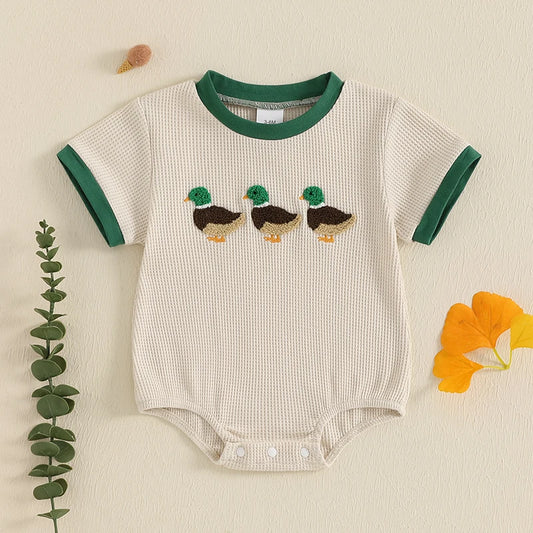 3-18 MO Baby Unisex Romper, Short Sleeve, Crew Neck, Duck Embroidery