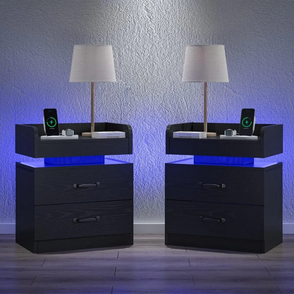 Black Nightstand with Charging Station, LED Lights