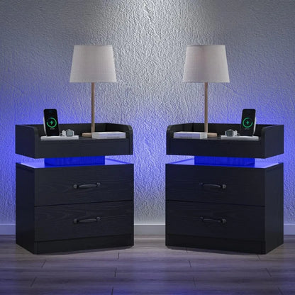 Black Nightstand with Charging Station, LED Lights