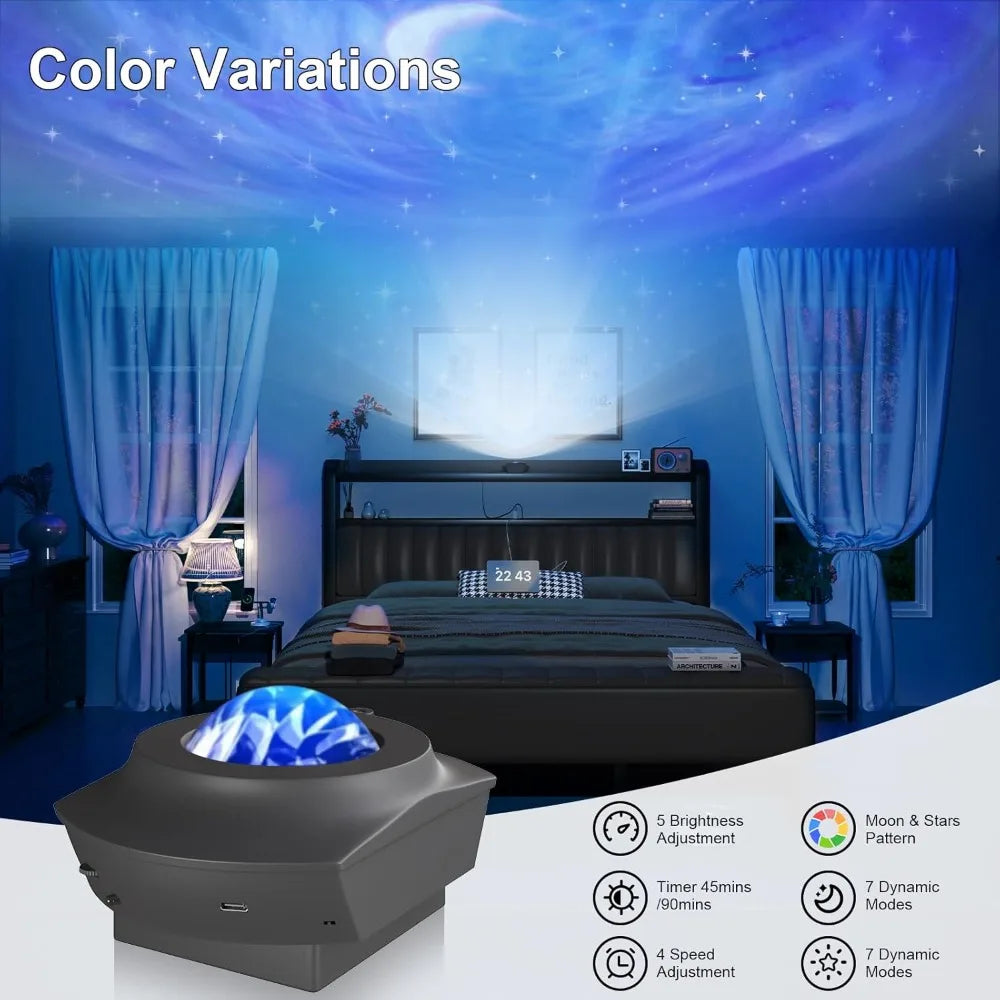 King Size Bed Frame with Star Projector & Charging Station, Headboard