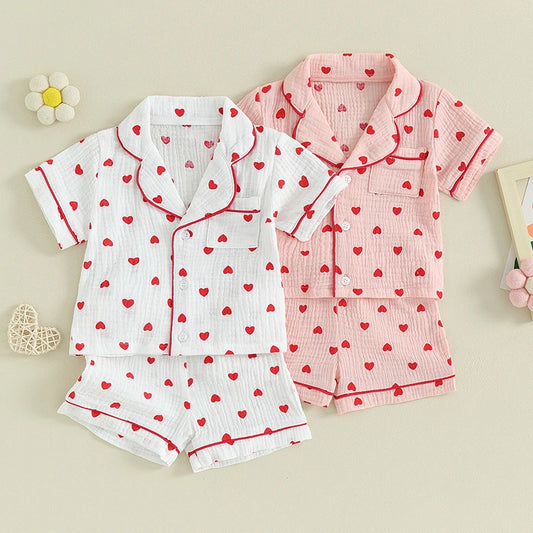 6MO-4T Girl Valentine‘s Day Heart Button Down Short Sleeve Sleepwear Loungewear Pjs Set