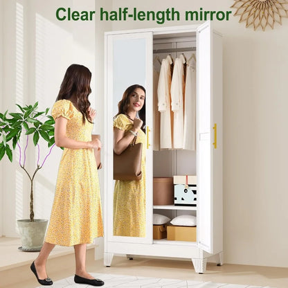71"Metal Armoire Wardrobe w/2 Mirror Door, with Adjustable Shelves and Hanging Rod