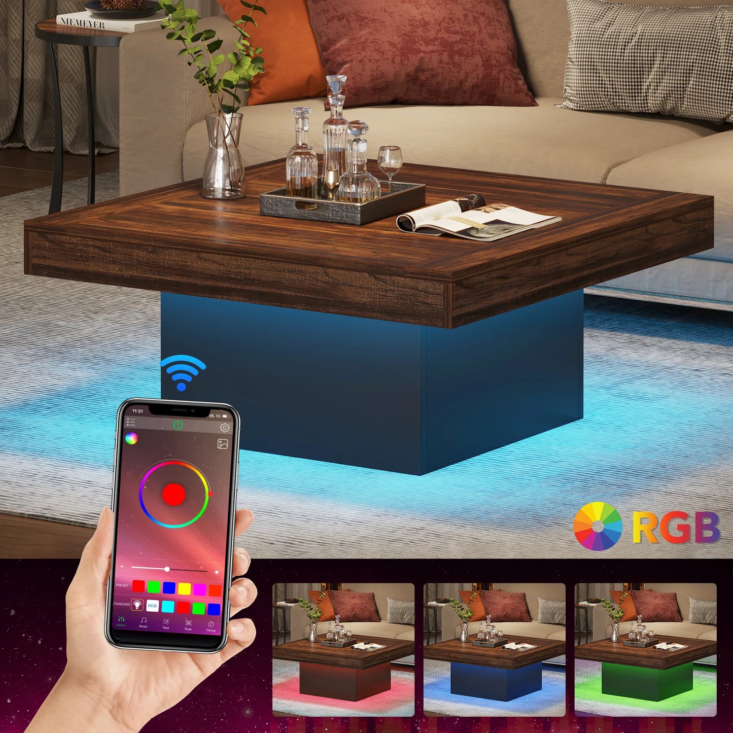 Square LED Coffee Table Engineered Wood