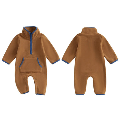 3-12M Autumn Winter Baby Boys Fleece Romper, Long Sleeve, Stand Collar, Pockets