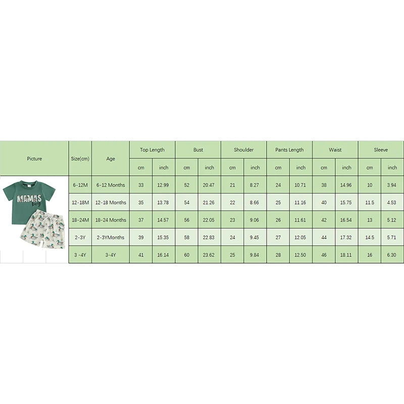 12M-4Y Boys Summer Shorts Sets, Short Sleeve, O Neck, Letter Print Tops and Duck Print Shorts Sets