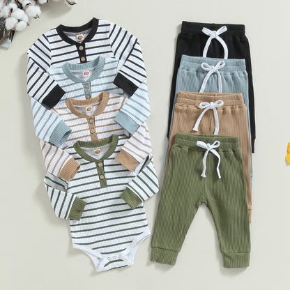 3-24MO Infant Boy Fall Outfits, Long Sleeve Striped Print Romper + Pants