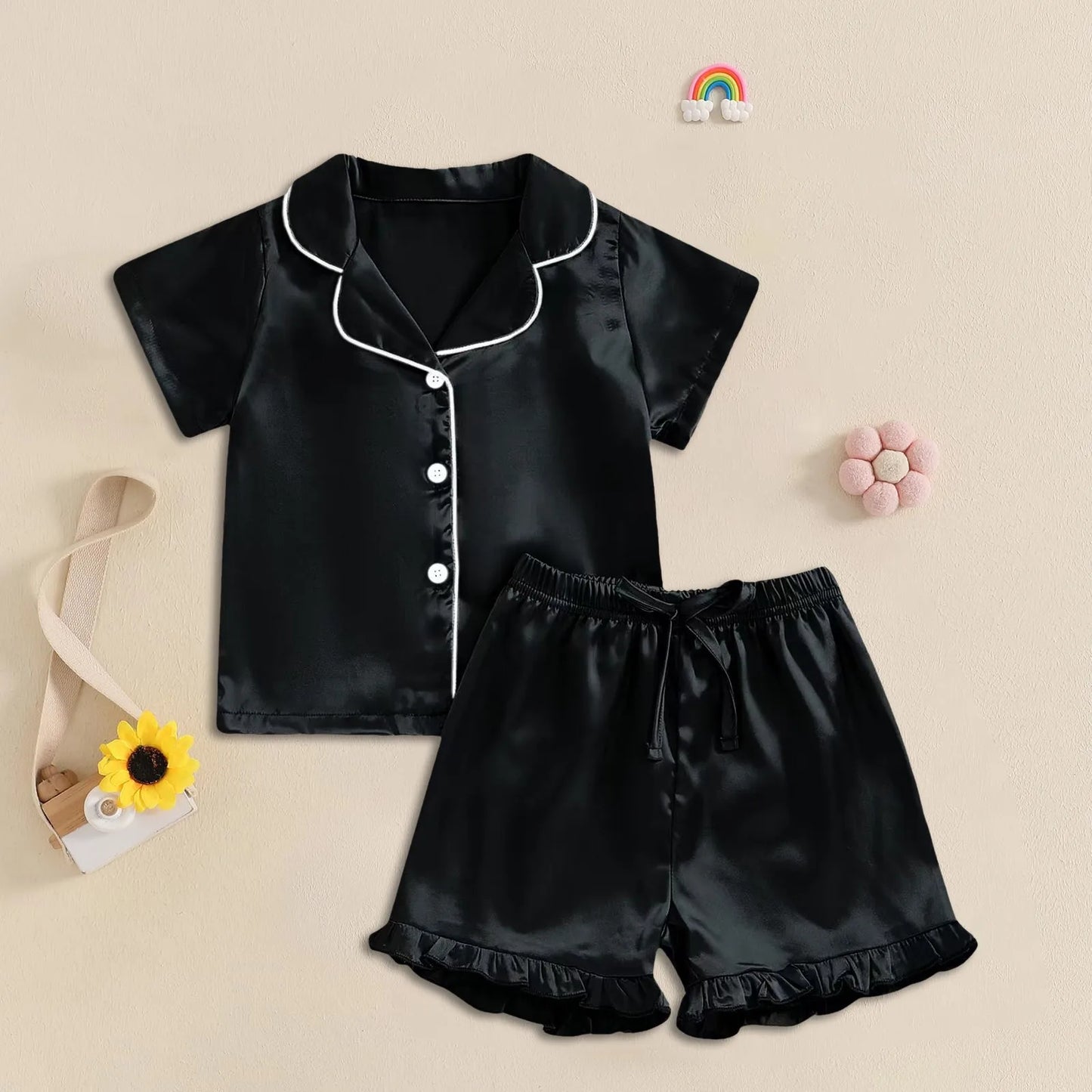 1Y-13Y Silk Pajamas Girl Satin Summer Feather Pajamas Short Sleeve