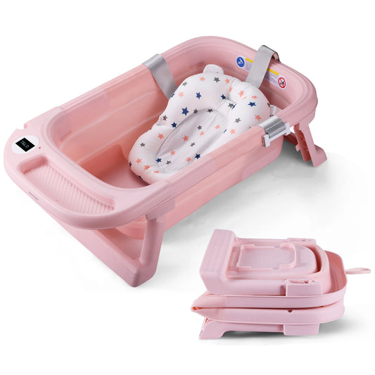 Baby Bath Tub with Soft Cushion & Thermometer, 0-36 Months,Portable Travel Baby Tub