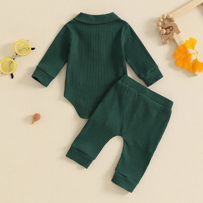 Autumn Infant Baby Boys Ribbed Set, Button Long Sleeve Romper, Drawstring Pocket Trousers