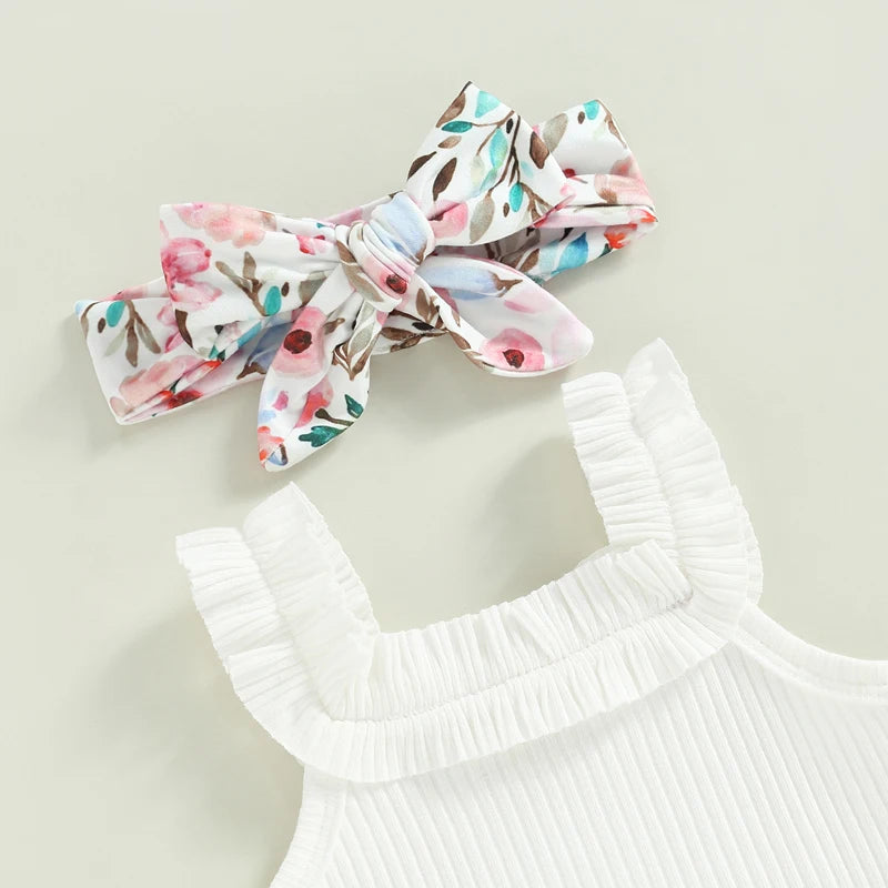 3-18M Baby Girls Shorts Set, Sleeveless Romper, Flower/Rainbow/Print Shorts, Hairband