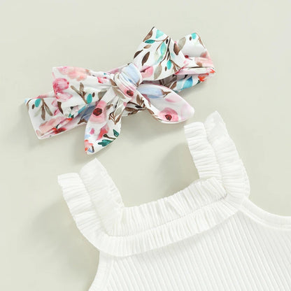 3-18M Baby Girls Shorts Set, Sleeveless Romper, Flower/Rainbow/Print Shorts, Hairband