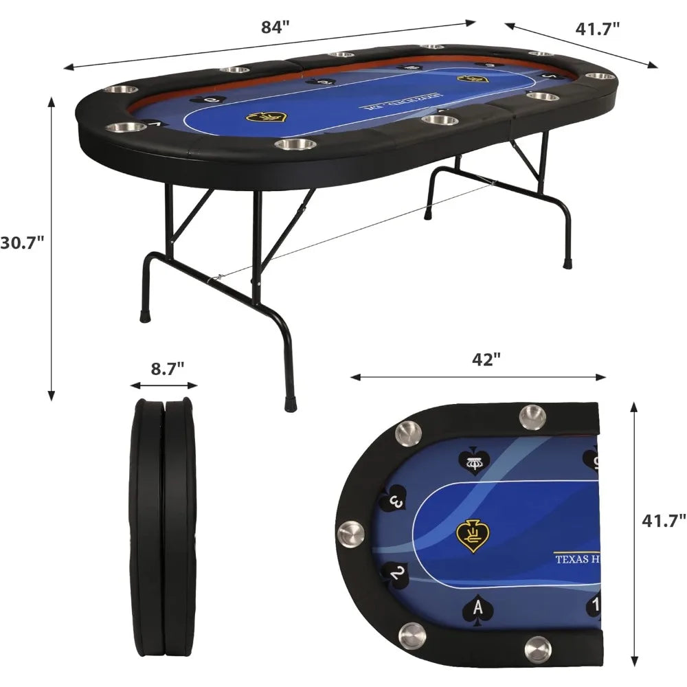 84”Texas Hold’em Foldable Poker Table for 10 Player with Stainless Steel Cup Holders and Padded Rails