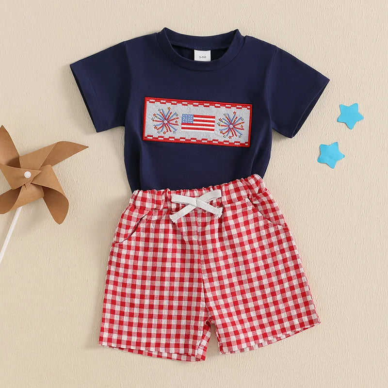 6MO-3T Baby Boy 4th of July Outfit, Short Sleeve Truck/Flag Embroidery T Shirt + Shorts
