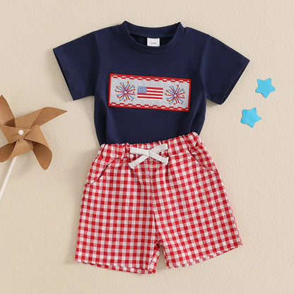 6MO-3T Baby Boy 4th of July Outfit, Short Sleeve Truck/Flag Embroidery T Shirt + Shorts