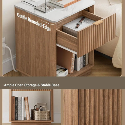 Set of 2, Nightstands with Charging Station  18" Bedside Table with Color Top, with Drawer & Open Shelf