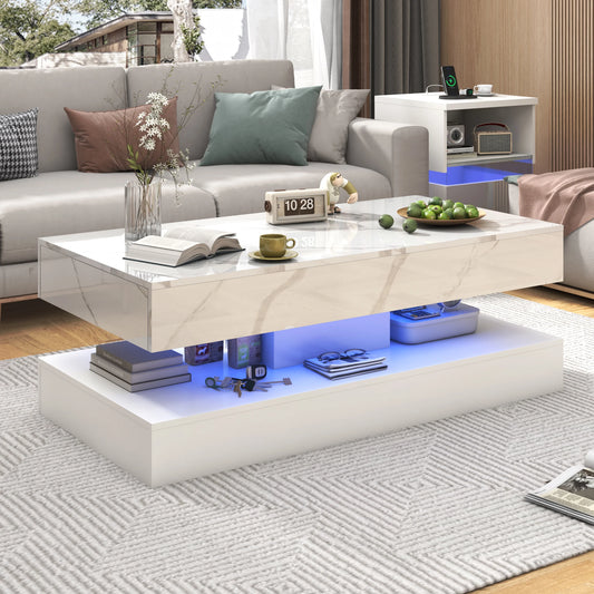 Modern Stylish Coffee Table with 2 Storage Drawers and LED lights