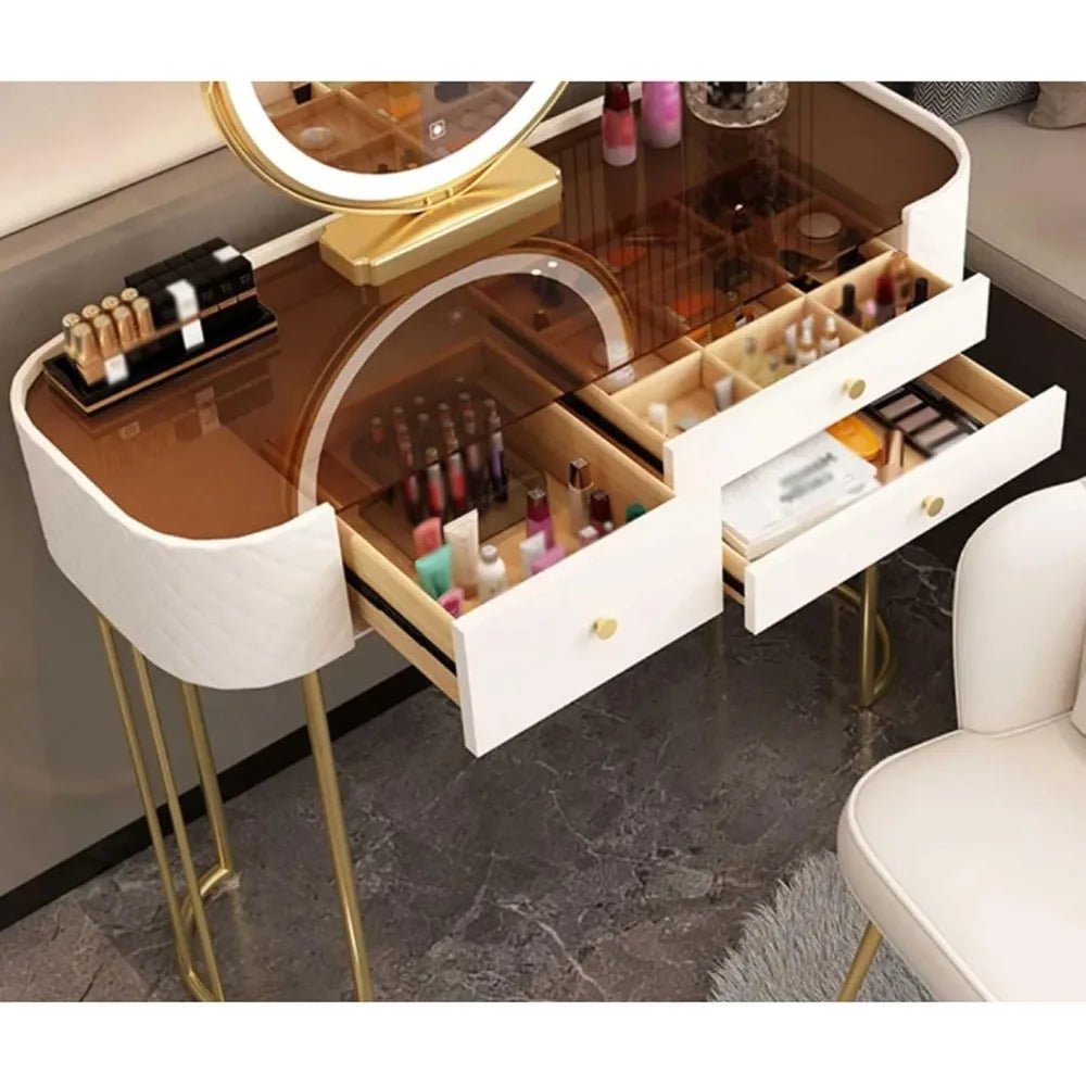 Modern Simple Dressing Table with 2 Drawers, Glass Top