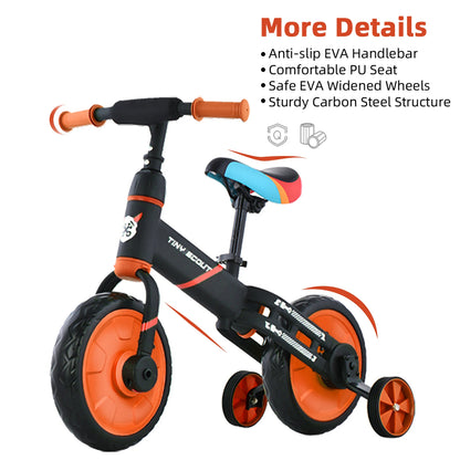 Tiny Scout Balance Bike 3 4 5 Years , 4-in-1 with Optional Support Wheels and Pedals, Saddle Height Adjustable