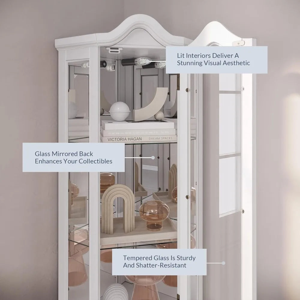 Lighted 3-Side Glass Display Curio Cabinet w/ Tempered Glass Doors and Shelves