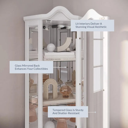Lighted 3-Side Glass Display Curio Cabinet w/ Tempered Glass Doors and Shelves
