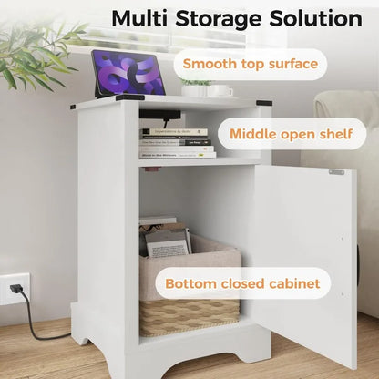 Farmhouse White Bedside/End Table with Charging Station and Storage