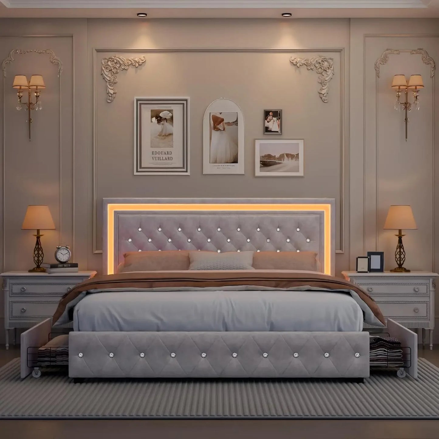 LED Upholstered Bed Frame with 4 Drawers | Adjustable Diamond Headboard • Wooden Slats • No Box Spring needed