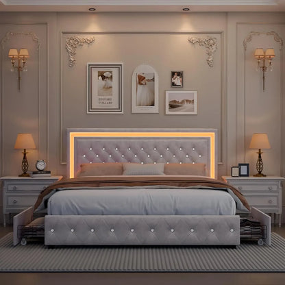 LED Upholstered Bed Frame with 4 Drawers | Adjustable Diamond Headboard • Wooden Slats • No Box Spring needed
