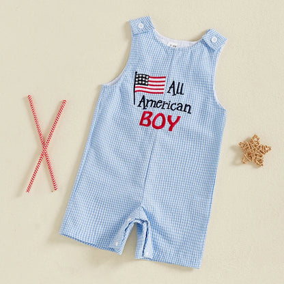 0-24 mo. Baby Boy 4th of July Romper, Star Letter Striped Sleeveless Overall Bodysuit