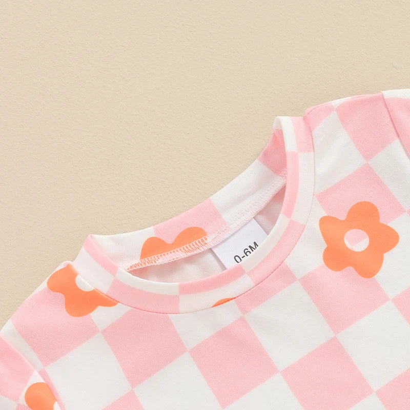 12 MO-4T Floral Checkerboard Print Short Sleeve O-neck T-shirts+Elastic Waist Shorts Tracksuit