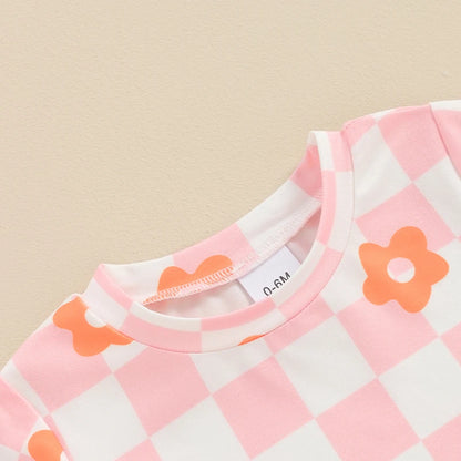 12 MO-4T Floral Checkerboard Print Short Sleeve O-neck T-shirts+Elastic Waist Shorts Tracksuit