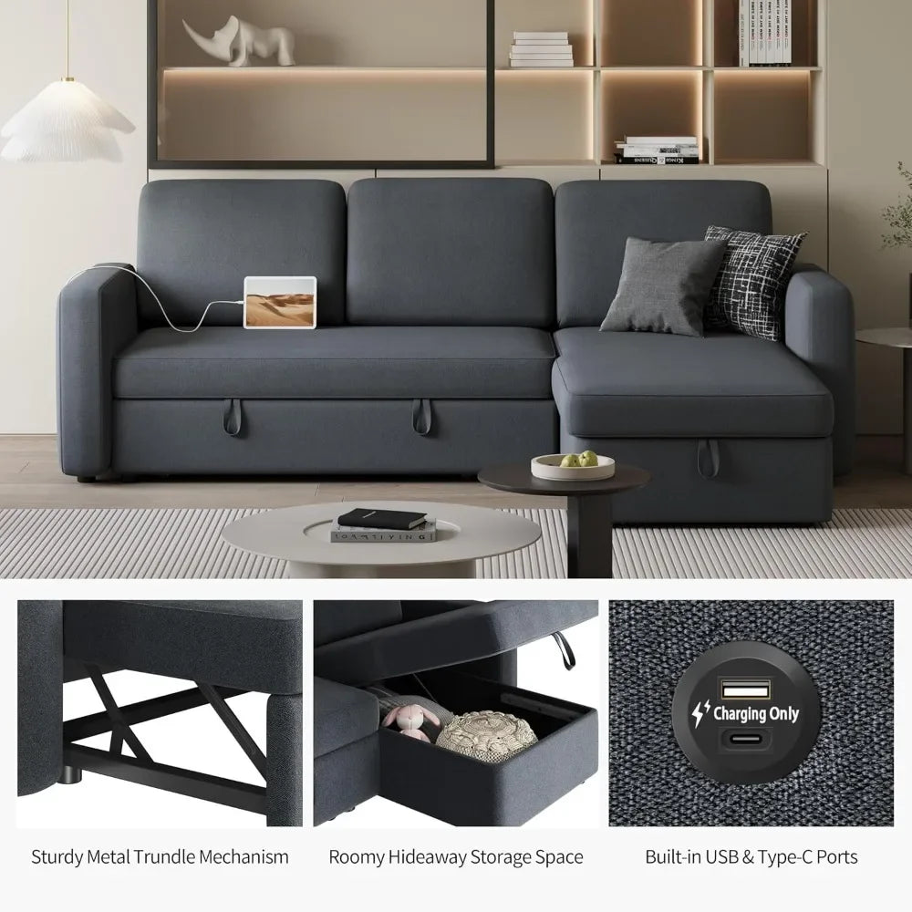 Reversible Couch Sleeper w/Pull Out Bed , USB & Storage Space